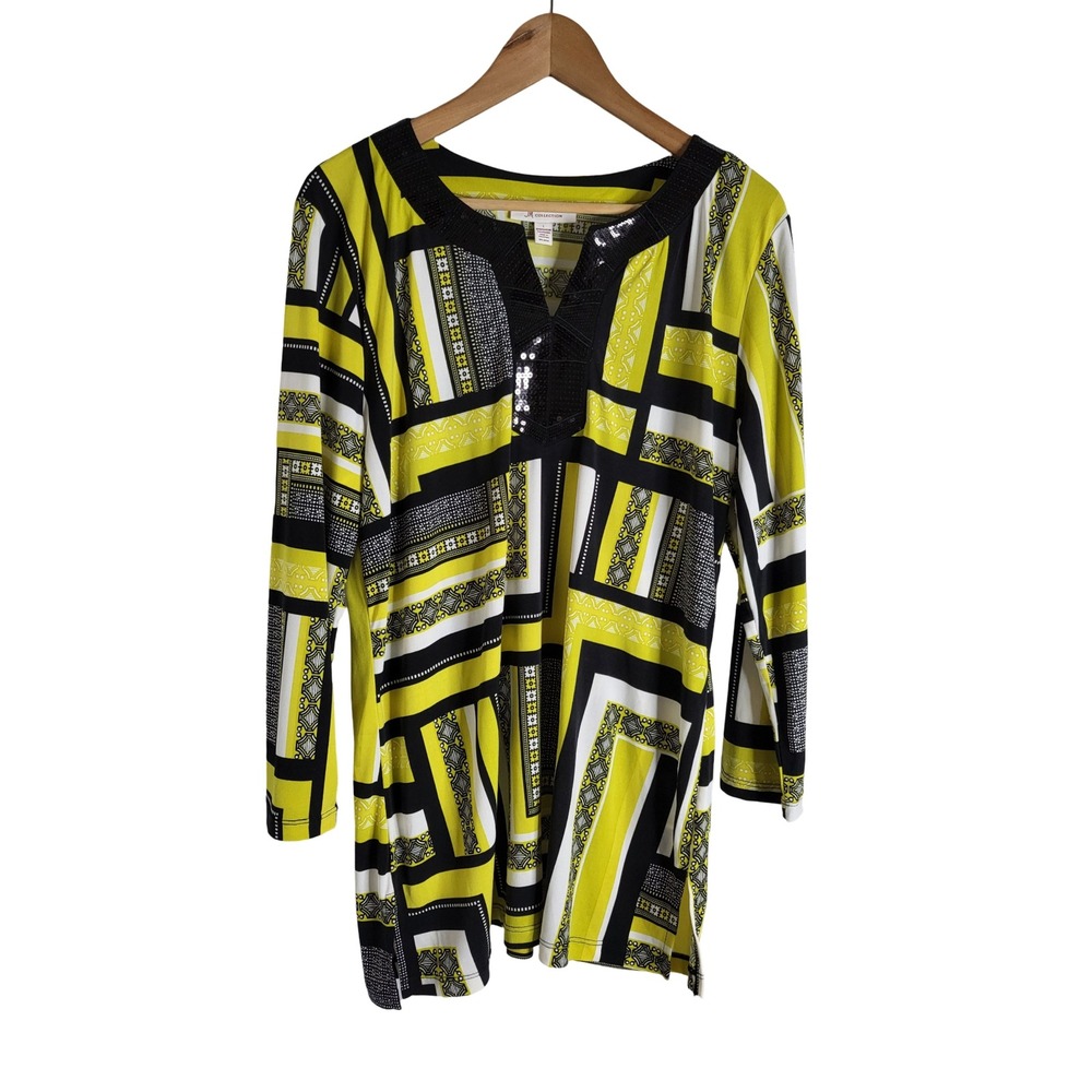 JM Collection Yellow Black Geometric Sequin Split Neck Tunic Blouse L Artsy
